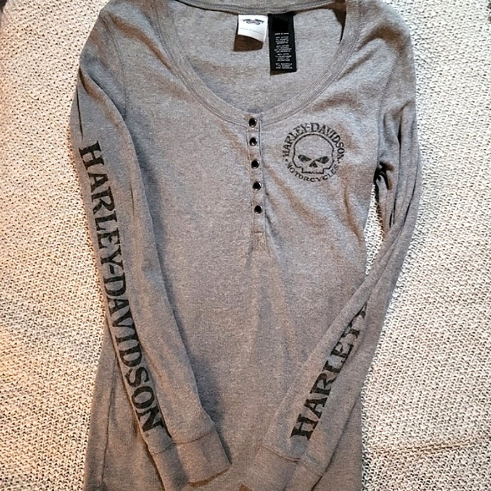 Women's Harley-Davidson Snap Front Henley, Gray, Details On Back, Sleeves, Small